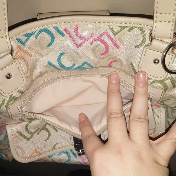 NWT Liz Claiborne Handbag, khaki with multi color LC's, - Picture 6 of 16